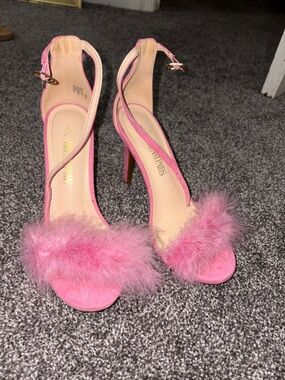 Pink Feather Trim High Heel Sandals